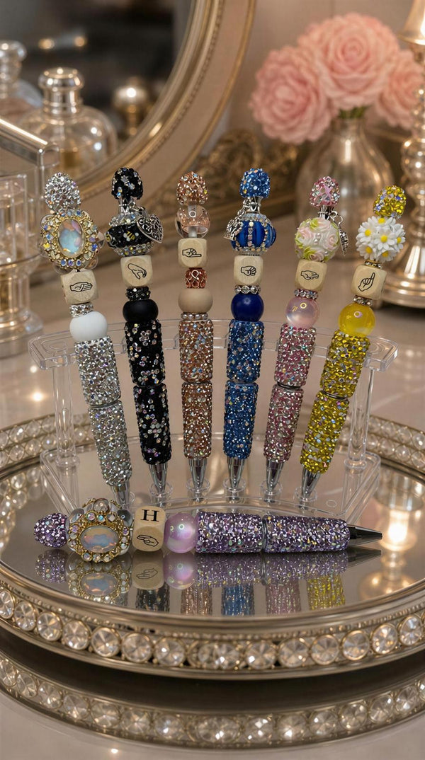 Elegant pens featuring luxurious stones, arranged in the alphabet