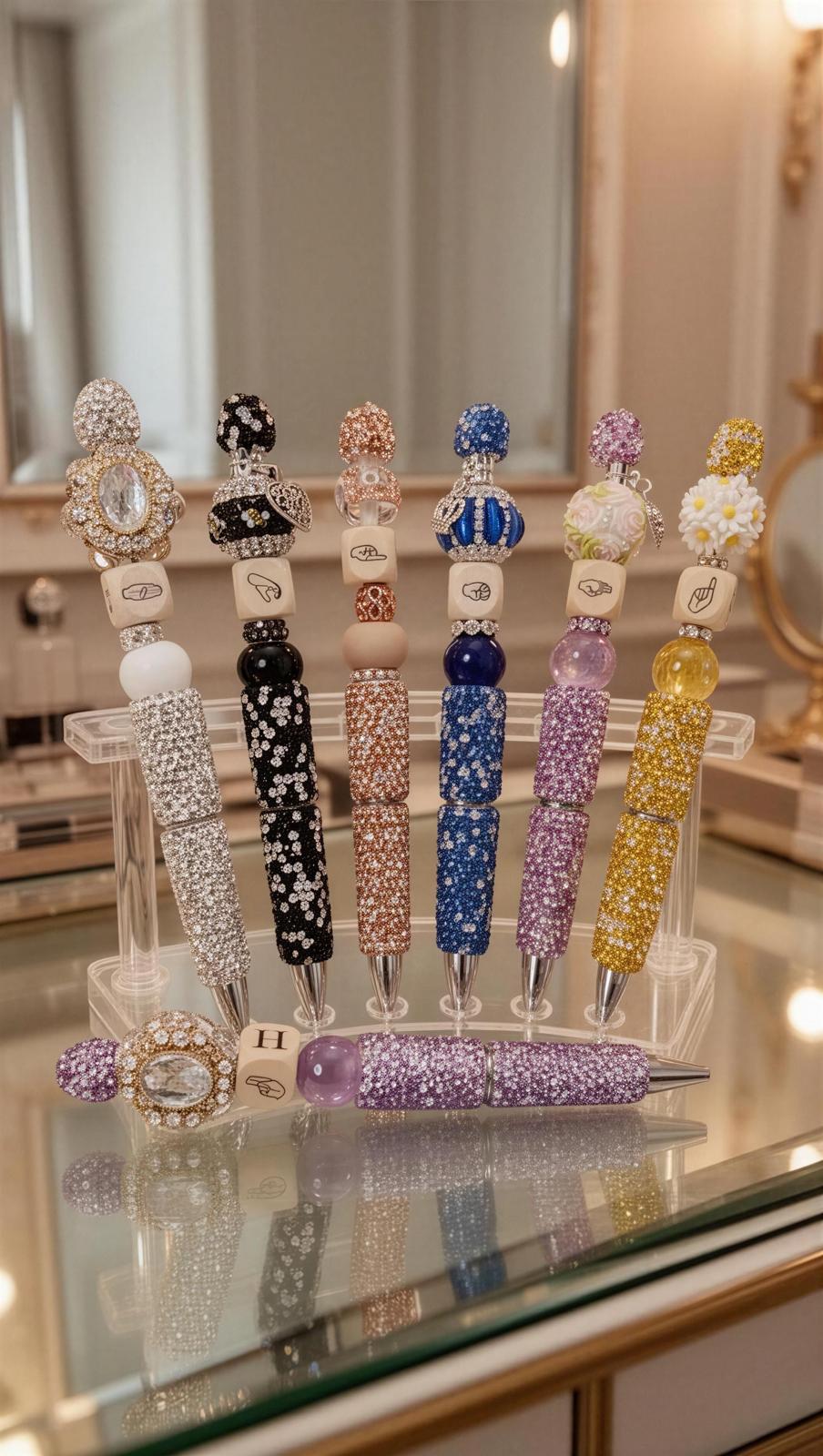 Elegant pens featuring luxurious stones, arranged in the alphabet